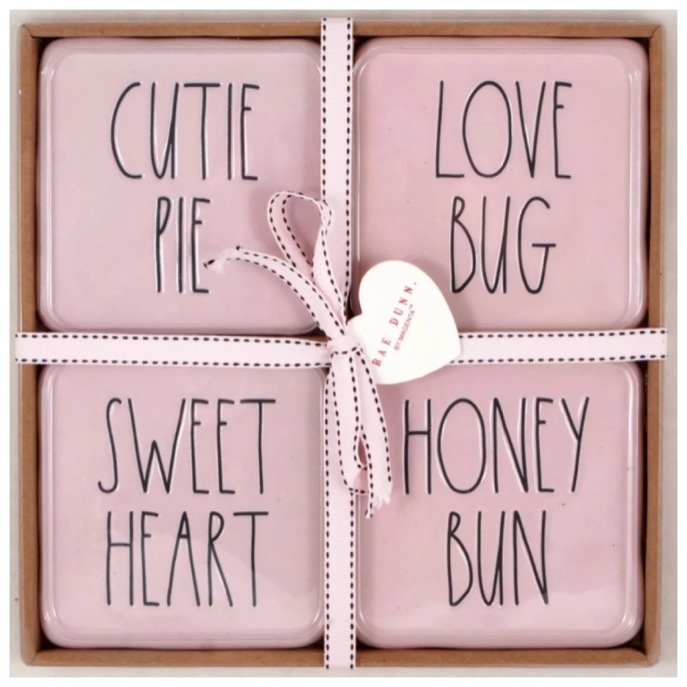 Rae Dunn Valentines Coaster Set Cutie Pie, Love Bug, Sweet Heart & Honey Bun